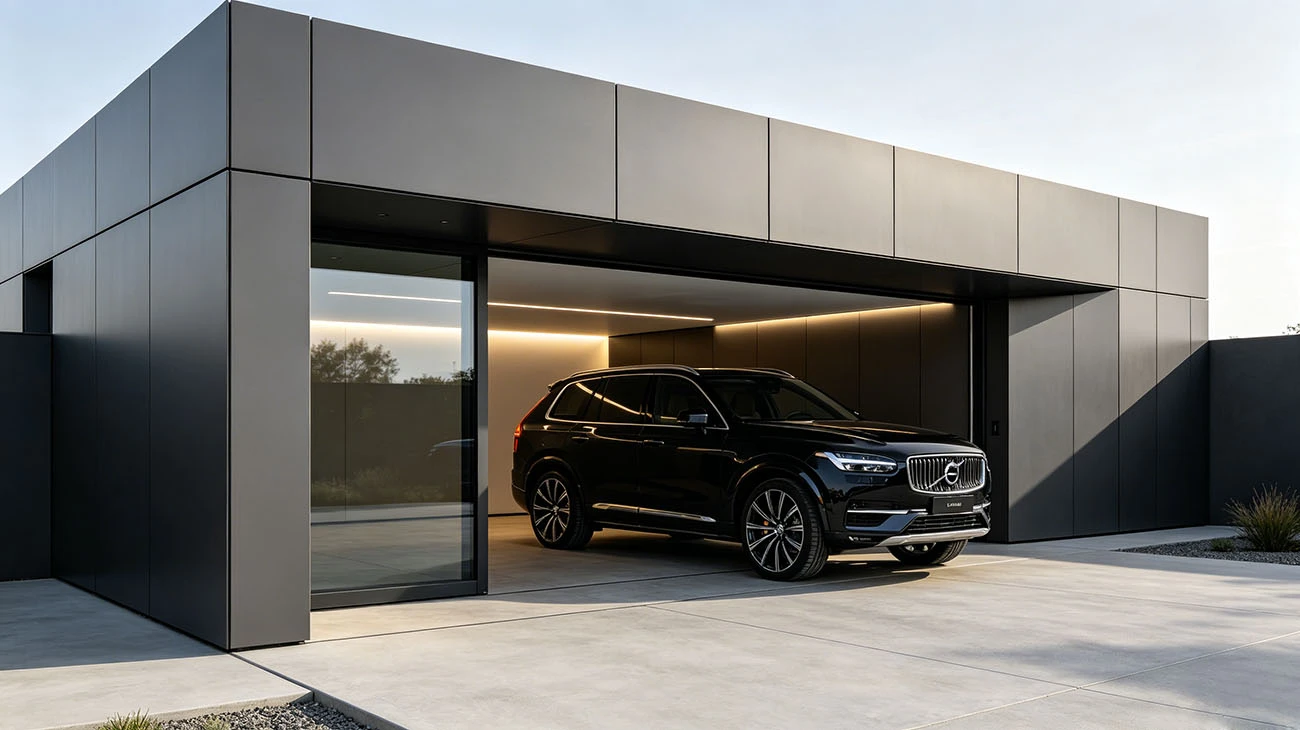 Modern modular steel garage with glass panel doors and EV charging integration Modern modular steel garage with glass panel doors and EV charging integration